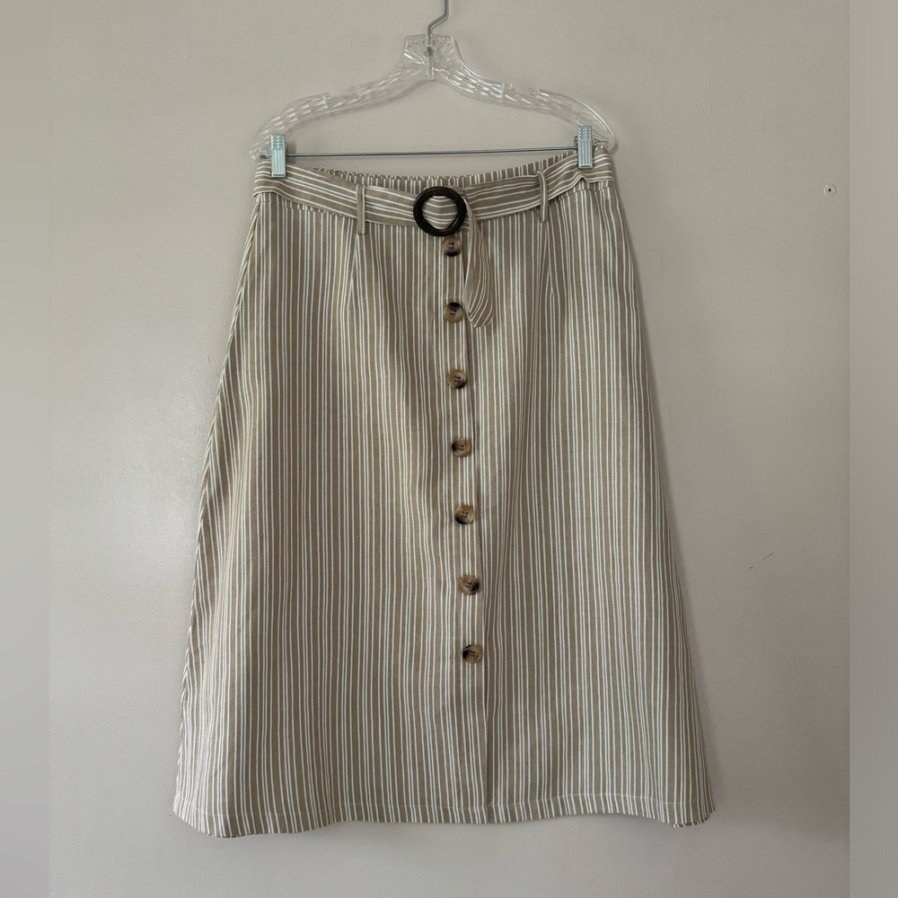 QED London Skirt size 8 Midi Casual Front Button Decor  Striped Cotton Blend